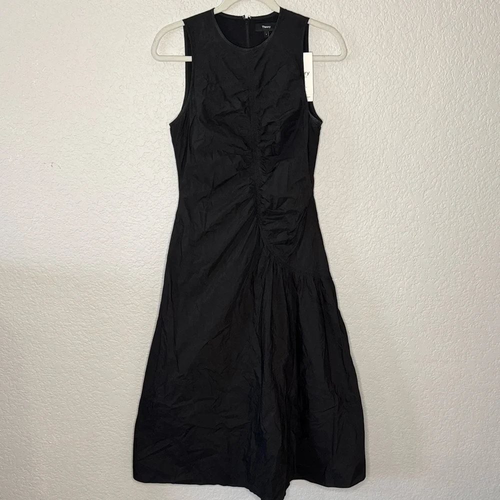 NWT Theory Asymmetrical Ruched Tank Dress Size 2 Black Chic Classic Quiet Luxury - Picture 2 of 7